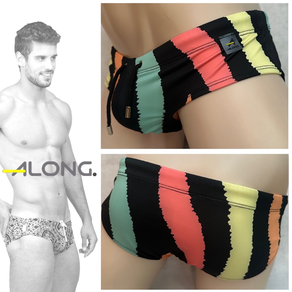 ALO Yoga Men's Striped Swim Trunks - Black, Green, Orange, Yellow